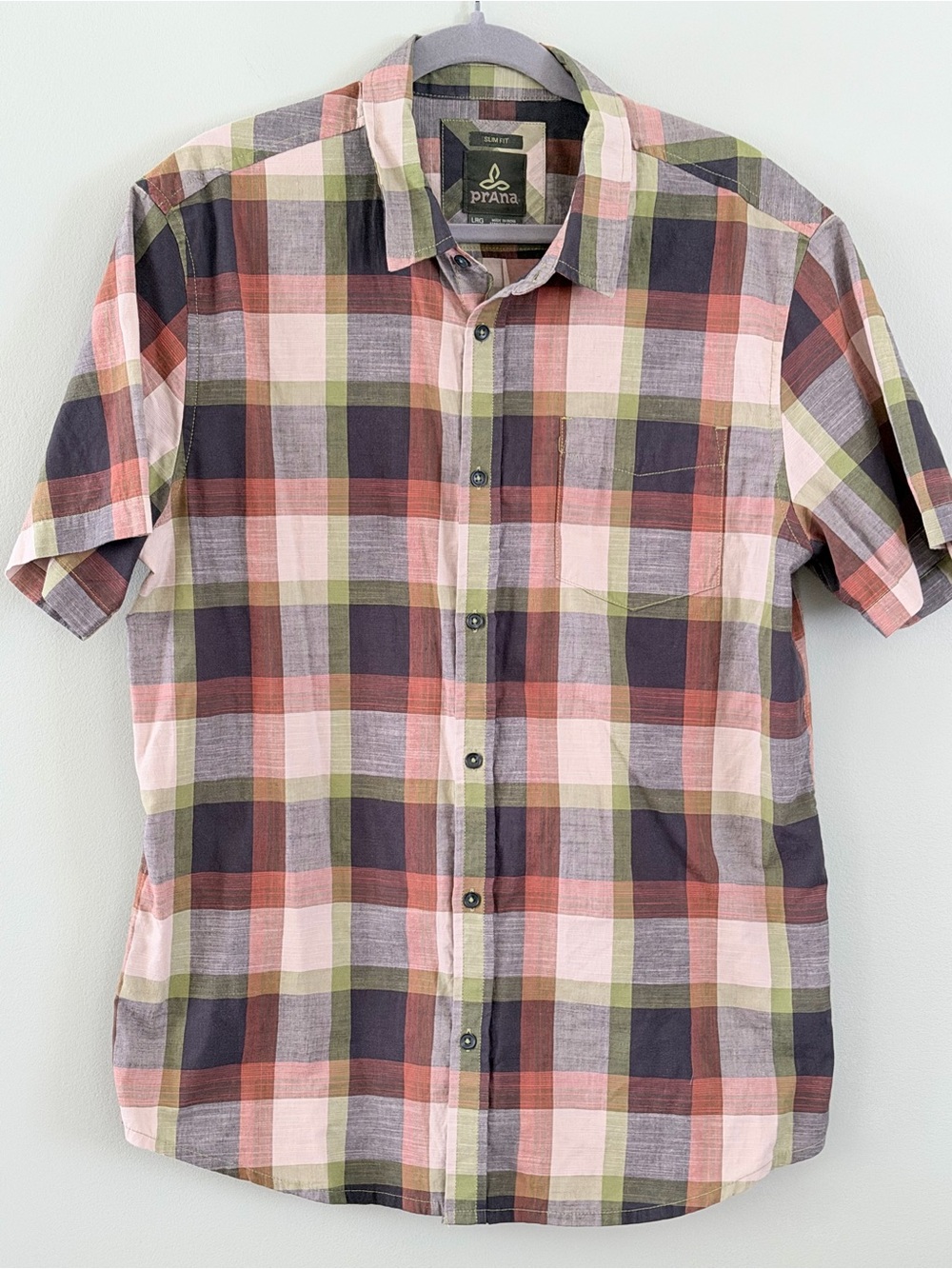 prAna Slim Fit Plaid Short Sleeve Button Front Shirt Men’s Large Organic Cotton